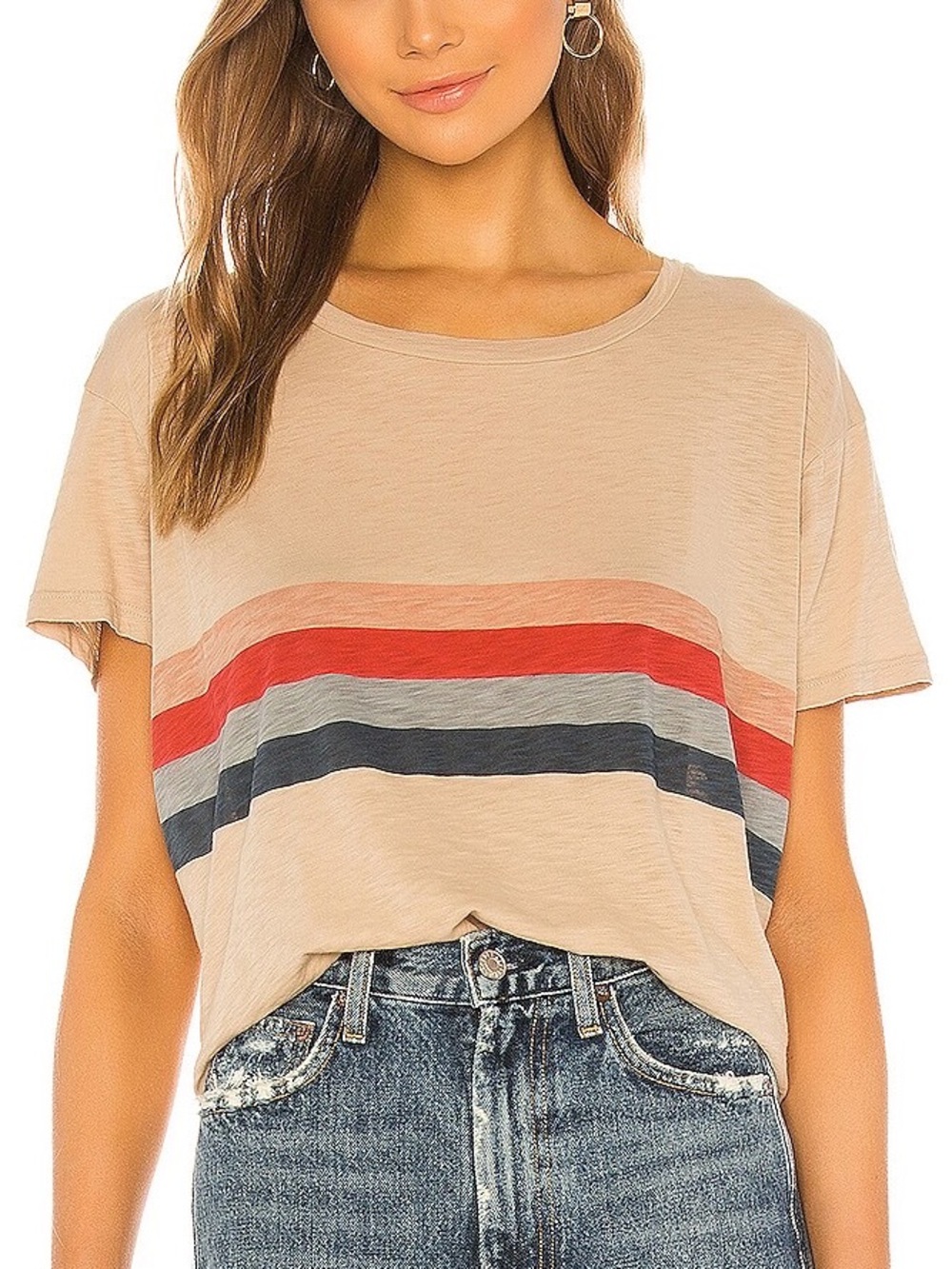 sundry 100% pima cotton multi stripes vintage short sleeve tee in macadamia